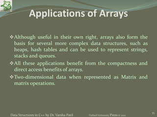 55
Applications of Arrays
Although useful in their own right, arrays also form the
basis for several more complex data structures, such as
heaps, hash tables and can be used to represent strings,
stacks and queues.
All these applications benefit from the compactness and
direct access benefits of arrays.
Two-dimensional data when represented as Matrix and
matrix operations.
Data Structures in C++ by Dr. Varsha Patil Oxford University Press © 2012
 