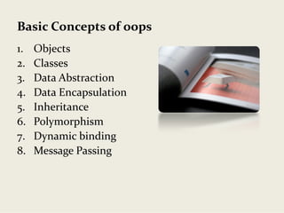 Basic Concepts of oops
1. Objects
2. Classes
3. Data Abstraction
4. Data Encapsulation
5. Inheritance
6. Polymorphism
7. Dynamic binding 
8. Message Passing
 
