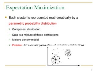 Expectation Maximization
 Each cluster is represented mathematically by a
parametric probability distribution
 Component distribution
 Data is a mixture of these distributions
 Mixture density model
 Problem: To estimate parameters of probability distributions
3
 