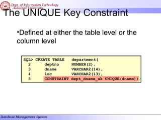 The UNIQUE Key Constraint
•Defined at either the table level or the
column level
SQL> CREATE TABLE department(
2 deptno NUMBER(2),
3 dname VARCHAR2(14),
4 loc VARCHAR2(13),
5 CONSTRAINT dept_dname_uk UNIQUE(dname));
 