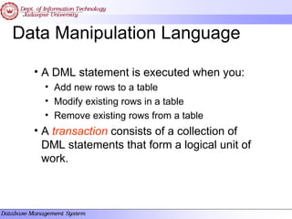 Data Manipulation Language
• A DML statement is executed when you:
• Add new rows to a table
• Modify existing rows in a table
• Remove existing rows from a table
• A transaction consists of a collection of
DML statements that form a logical unit of
work.
 