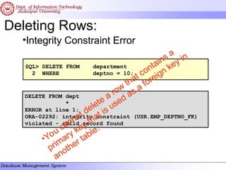 Deleting Rows:
SQL> DELETE FROM department
2 WHERE deptno = 10;
DELETE FROM dept
*
ERROR at line 1:
ORA-02292: integrity constraint (USR.EMP_DEPTNO_FK)
violated - child record found
•You cannot delete a row
that contains a
primary key that is used as a foreign key in
another table.
•Integrity Constraint Error
 