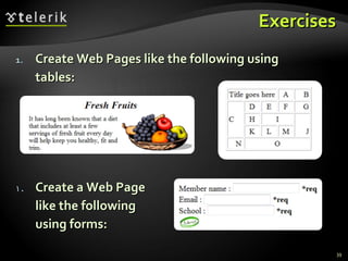 Exercises Create Web Pages like the following using tables: Create a Web Page like the following using forms: 