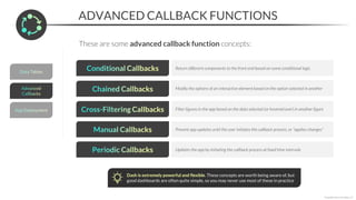 ADVANCED CALLBACK FUNCTIONS
*Copyright Maven Analytics, LLC
These are some advanced callback function concepts:
Return different components to the front end based on some conditional logic
Modify the options of an interactive element based on the option selected in another
Filter figures in the app based on the data selected (or hovered over) in another figure
Prevent app updates until the user initiates the callback process, or “applies changes”
Dash is extremely powerful and flexible. These concepts are worth being aware of, but
good dashboards are often quite simple, so you may never use most of these in practice
Updates the app by initiating the callback process at fixed time intervals
 