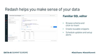 Redash helps you make sense of your data
Familiar SQL editor
▪ Browse schema and
click-to-insert
▪ Create reusable snippets
▪ Schedule updates and setup
alerts
 