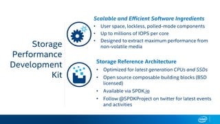 Storage
Performance
Development
Kit
5
Scalable and Efficient Software Ingredients
• User space, lockless, polled-mode components
• Up to millions of IOPS per core
• Designed to extract maximum performance from
non-volatile media
Storage Reference Architecture
• Optimized for latest generation CPUs and SSDs
• Open source composable building blocks (BSD
licensed)
• Available via SPDK.io
• Follow @SPDKProject on twitter for latest events
and activities
 