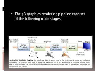  The 3D graphics rendering pipeline consists 
of the following main stages 
 