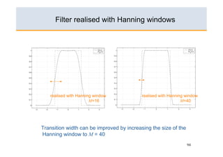 Filter realised with Hanning windows




   realised with Hanning window            realised with Hanning window
                       M=16                                    M=40




Transition width can be improved by increasing the size of the
Hanning window to M = 40
                                                                 94
 