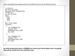 So while showing the data, in RDBMS you need to join three tables and in mongodb
data will be shown from one collection only.
While in MongoDB schema design will have one collection post and has the following structure:
{
_id: POST_ID
title: TITLE_OF_POST,
description: POST_DESCRIPTION,
by: POST_BY,
url: URL_OF_POST,
tags: [
TAG1,
TAG2,
TAG3
],
likes: TOTAL_LIKES,
comments: [
{
user: 'COMMENT_BY',
message: TEXT,
dateCreated: DATE_TIME,
like: LIKES
},
{
user: 'COMMENT_BY',
message: TEXT,
dateCreated: DATE_TIME,
like: LIKES
}
]
}
 
