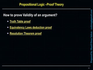 Preparedby:SharifOmarSalem–ssalemg@gmail.com
How to prove Validity of an argument?
 Truth Table proof
 Equivalency Laws deduction proof
 Resolution Theorem proof
24
 