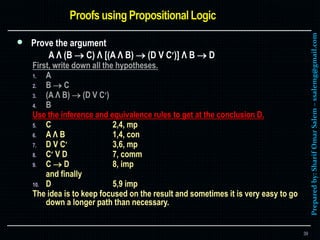 Preparedby:SharifOmarSalem–ssalemg@gmail.com
 Prove the argument
A Λ (B  C) Λ [(A Λ B)  (D V C)] Λ B  D
First, write down all the hypotheses.
1. A
2. B  C
3. (A Λ B)  (D V C)
4. B
Use the inference and equivalence rules to get at the conclusion D.
5. C 2,4, mp
6. A Λ B 1,4, con
7. D V C 3,6, mp
8. C V D 7, comm
9. C  D 8, imp
and finally
10. D 5,9 imp
The idea is to keep focused on the result and sometimes it is very easy to go
down a longer path than necessary.
39
 