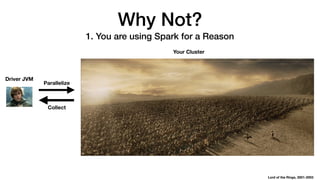 Lord of the Rings, 2001-2003
Driver JVM
Your Cluster
Parallelize
Collect
Why Not?
1. You are using Spark for a Reason
 