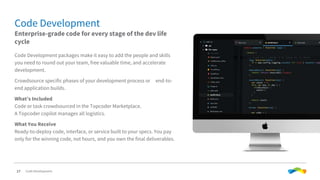 27
Code Development packages make it easy to add the people and skills
you need to round out your team, free valuable time, and accelerate
development.
Crowdsource specific phases of your development process or end-to-
end application builds.
What’s Included
Code or task crowdsourced in the Topcoder Marketplace.
A Topcoder copilot manages all logistics.
What You Receive
Ready-to-deploy code, interface, or service built to your specs. You pay
only for the winning code, not hours, and you own the final deliverables.
Code Development
Enterprise-grade code for every stage of the dev life
cycle
Code Development
 