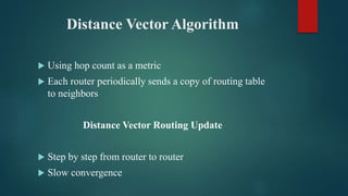 Distance Vector Algorithm
 Using hop count as a metric
 Each router periodically sends a copy of routing table
to neighbors
Distance Vector Routing Update
 Step by step from router to router
 Slow convergence
 