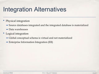Distributed DBMS © M. T. Özsu & P. Valduriez Ch.4/3
Integration Alternatives
• Physical integration
➡ Source databases integrated and the integrated database is materialized
➡ Data warehouses
• Logical integration
➡ Global conceptual schema is virtual and not materialized
➡ Enterprise Information Integration (EII)
 