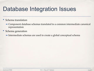 Distributed DBMS © M. T. Özsu & P. Valduriez Ch.4/9
Database Integration Issues
• Schema translation
➡ Component database schemas translated to a common intermediate canonical
representation
• Schema generation
➡ Intermediate schemas are used to create a global conceptual schema
 