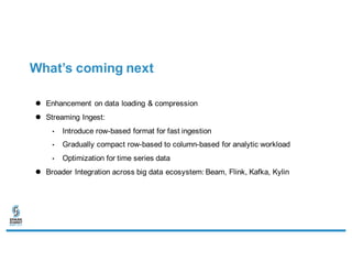 What’s coming next
l Enhancement on data loading & compression
l Streaming Ingest:
• Introduce row-based format for fast ingestion
• Gradually compact row-based to column-based for analytic workload
• Optimization for time series data
l Broader Integration across big data ecosystem: Beam, Flink, Kafka, Kylin
 