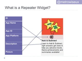 What is a Repeater Widget?
@metrowiseux
ID
App Name
App ID
App Platform
Description
Picture
 