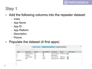 Step 1
 Add the following columns into the repeater dataset:
 Index
 App Name
 App ID
 App Platform
 Description
 Picture
 Populate the dataset (4 first apps)
@metrowiseux
 