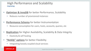 Copyright © 2014, Oracle and/or its affiliates. All rights reserved. |
• Optimizer & InnoDB for better Performance, Scalability
• Reduces number of provisioned instances
• Performance Schema for better Instrumentation
• Resource consumption for users, hosts, accounts, queries, etc
• Replication for Higher Availability, Scalability & Data Integrity
• Elasticity & self healing
• “NoSQL” options for better Flexibility
• Integrating loosely coupled cloud services
High Performance and Scalability
Improving:
 
