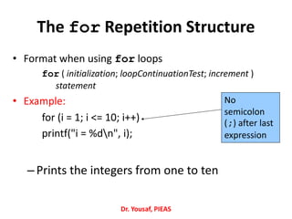 The for Repetition Structure
• Format when using for loops
for ( initialization; loopContinuationTest; increment )
statement
• Example:
for (i = 1; i <= 10; i++)
printf("i = %dn", i);
–Prints the integers from one to ten
No
semicolon
(;) after last
expression
Dr. Yousaf, PIEAS
 