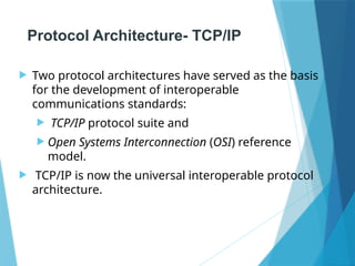 Protocol Architecture- TCP/IP
 Two protocol architectures have served as the basis
for the development of interoperable
communications standards:
 TCP/IP protocol suite and
 Open Systems Interconnection (OSI) reference
model.
 TCP/IP is now the universal interoperable protocol
architecture.
 