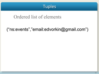 13
Tuples
(“ns:events”,”email:edvorkin@gmail.com”)
Ordered list of elements
 
