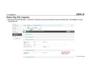 © 2017 IBM Corporation
Elastic Big SQL Capacity
• Remember that with Big SQL, 1 container (1 Worker) can service hundreds of concurrent SQL jobs. This is why it is a long
running service.
So what does
50% mean..?
 