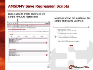 AMSDMV Save Regression Scripts
32
Button used to create command line
Scripts for future regressions
Message shows the location of the
scripts and how to use them.
Reference Simulation
 