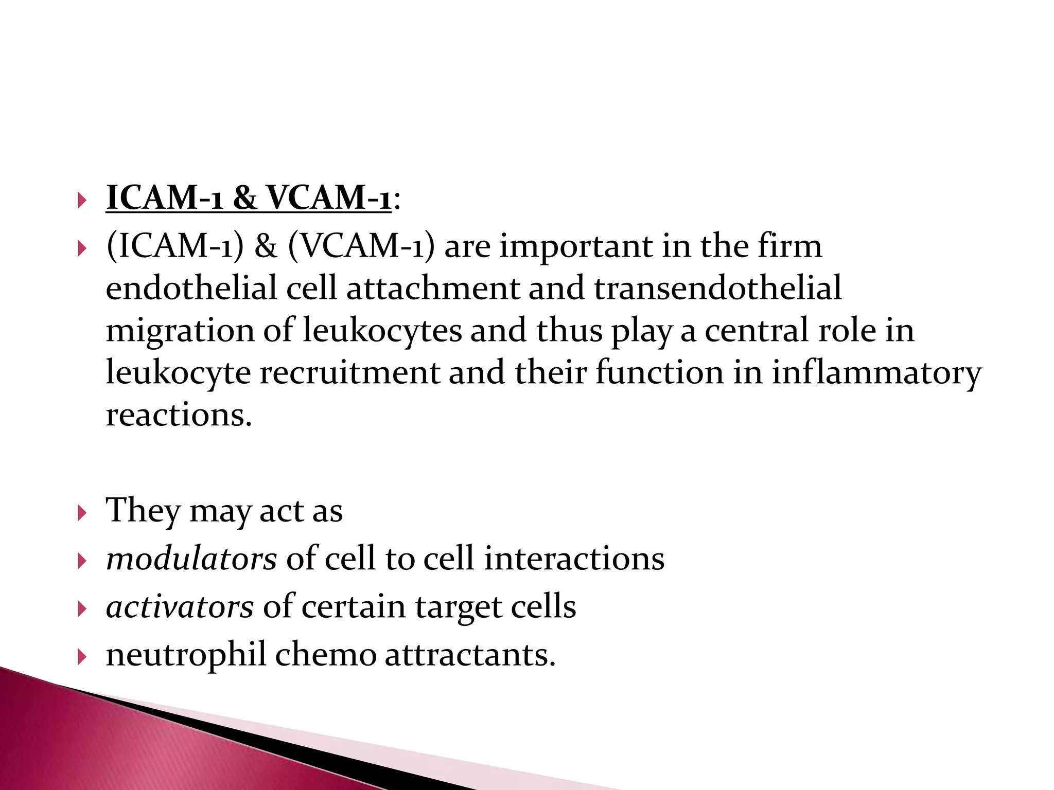  ICAM-1 & VCAM-1:
 (ICAM-1) & (VCAM-1) are important in the firm
endothelial cell attachment and transendothelial
migration of leukocytes and thus play a central role in
leukocyte recruitment and their function in inflammatory
reactions.
 They may act as
 modulators of cell to cell interactions
 activators of certain target cells
 neutrophil chemo attractants.
 