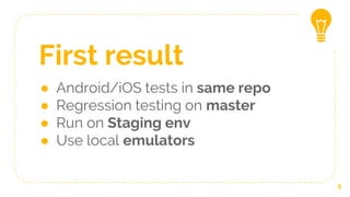 First result
● Android/iOS tests in same repo
● Regression testing on master
● Run on Staging env
● Use local emulators
6
 