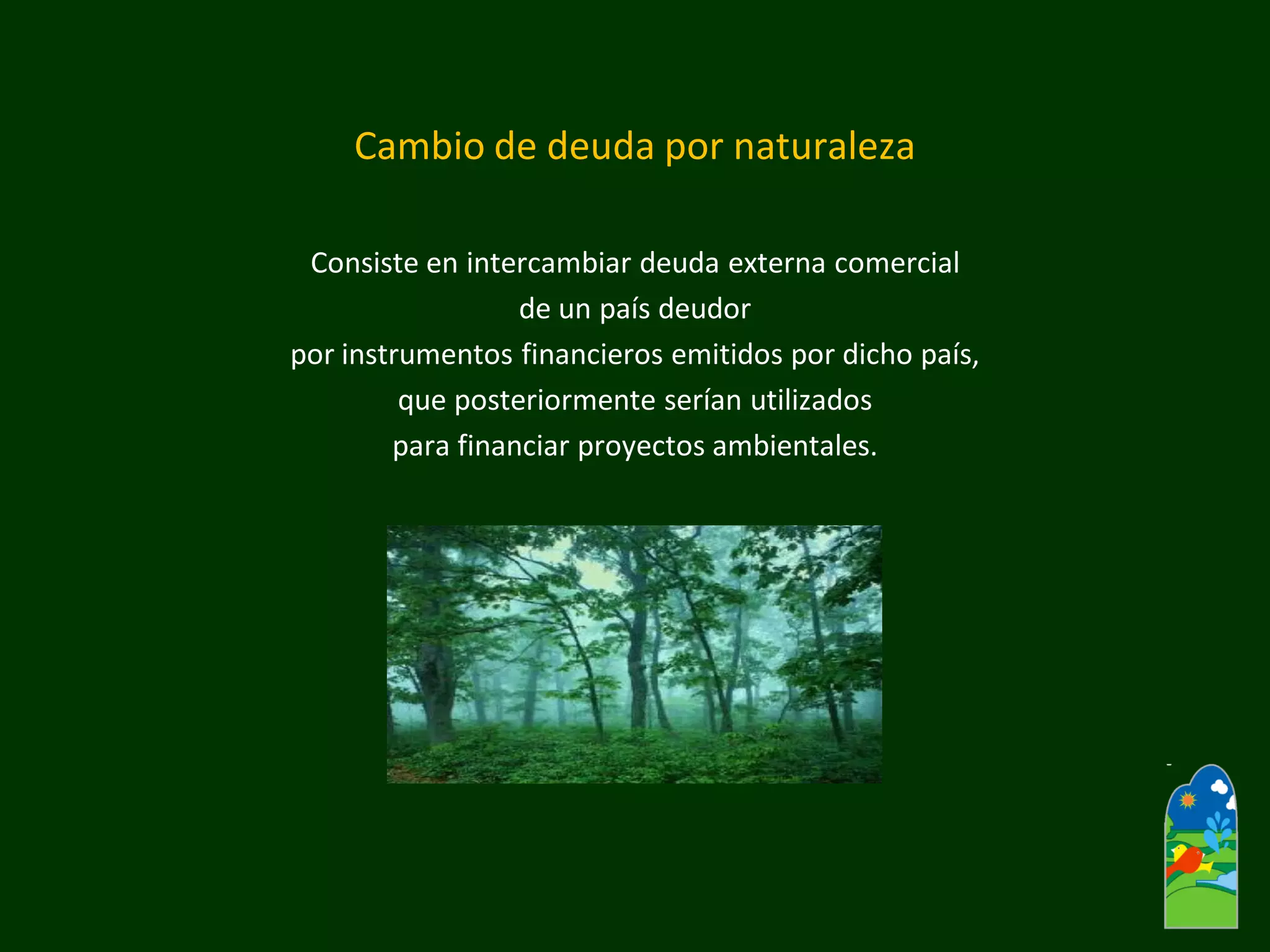 Cambio de deuda por naturaleza 
Consiste en intercambiar deuda externa comercial 
de un país deudor 
por instrumentos financieros emitidos por dicho país, 
que posteriormente serían utilizados 
para financiar proyectos ambientales.  