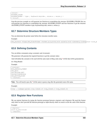 Ring Documentation, Release 1.3
<struct>
ALLEGRO_COLOR
ALLEGRO_EVENT { type , keyboard.keycode , mouse.x , mouse.y }
</struct>
from the previous example we will generate two function to create/delete the structure ALLEGRO_COLOR Also we
will generate two functions to create/delete the structure ALLEGRO_EVENT and four functions to get the structure
ALLEGRO_EVENT members (type, keyboard.keycode, mouse.x, mouse.y).
62.7 Determine Structure Members Types
You can determine the pointer name before the strucuture member name.
Example:
SDL_Surface {flags,SDL_PixelFormat *format,w,h,pitch,void *pixels,void *userdata,locked,void *lock_da
62.8 Deﬁning Contants
You can deﬁne constatants using <constant> and </constant>
The generator will generate the required functions to get the constant values
And will deﬁne the constants to be used with the same name in Ring code using *.rh ﬁle that will be generated too.
rh = Ring Header
Example:
<constant>
MIX_DEFAULT_FORMAT
SDL_QUIT
SDL_BUTTON_LEFT
SDL_BUTTON_MIDDLE
SDL_BUTTON_RIGHT
</constant>
Note: You will need to pass the *.rh ﬁle name to parsec.ring after the generated source ﬁle name.
Example:
ring ..codegenparsec.ring libsdl.cf ring_libsdl.c ring_libsdl.rh
62.9 Register New Functions
We can register functions by typing the function prototype between <register> and </register> We need this feature
only when we don’t provide the function prototype as input directly where we need to write the code of this function.
Example:
<register>
void al_exit(void)
</register>
62.7. Determine Structure Members Types 592
 