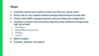Steps
1. Carefully evaluate your needs to make sure they are a good match
2. Build a lab for your software defined storage administrators to work with
3. Partner with SUSE’s storage experts to discuss sizing and configuration
4. Architect a solution that overcomes objections that traditional storage deals
with out of hand
1. Redundancy
2. Backup/Off-site requirements
3. Protocols
4. Security
5. Make it happen
6. Evaluate, optimize, and expand
 