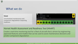 UNCLASSIFIED // APPROVED FOR PUBLIC RELEASE 4
Issue
Unscheduled maintenance and
component degradation impacting
readiness
Hornet Health Assessment and Readiness Tool (HhART)
Create a real-time monitoring tool for a fleet of aircraft that is driven by engineering-
approved features and models that can be used to assist maintenance decisions and
predict component degradation
 
