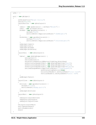 Ring Documentation, Release 1.5.3
aIDs = []
win1 = new qWidget()
{
setWindowTitle("Weight History")
resize(600,600)
layoutButtons = new qhboxlayout()
{
label1 = new qLabel(win1) { setText("Weight") }
text1 = new qlineedit(win1)
btnAdd = new qpushbutton(win1) {
setText("Add")
setClickEvent($ApplicationObject+".AddWeight()")
}
btnDelete = new qpushbutton(win1) {
setText("Delete")
setClickEvent($ApplicationObject+".Deleteweight()")
}
addwidget(label1)
addwidget(text1)
addwidget(btnAdd)
addwidget(btnDelete)
}
layoutData = new qhboxlayout()
{
Table1 = new qTableWidget(win1) {
setrowcount(0)
setcolumncount(3)
setselectionbehavior(QAbstractItemView_SelectRows)
setHorizontalHeaderItem(0, new QTableWidgetItem("Date"))
setHorizontalHeaderItem(1, new QTableWidgetItem("Time"))
setHorizontalHeaderItem(2, new QTableWidgetItem("Weight"))
setitemChangedEvent($ApplicationObject+".ItemChanged()")
setAlternatingRowColors(true)
horizontalHeader().setStyleSheet("color: blue")
verticalHeader().setStyleSheet("color: red")
}
addWidget(Table1)
}
layoutClose = new qhboxlayout()
{
btnclose = new qpushbutton(win1) {
setText("Close")
setClickEvent("MyApp.Quit()")
}
addwidget(btnClose)
}
layoutMain = new qvboxlayout()
{
addlayout(layoutButtons)
addLayout(LayoutData)
addLayout(layoutClose)
}
setlayout(layoutMain)
self.OpenDatabase()
self.ShowRecords()
show()
}
56.53. Weight History Application 640
 
