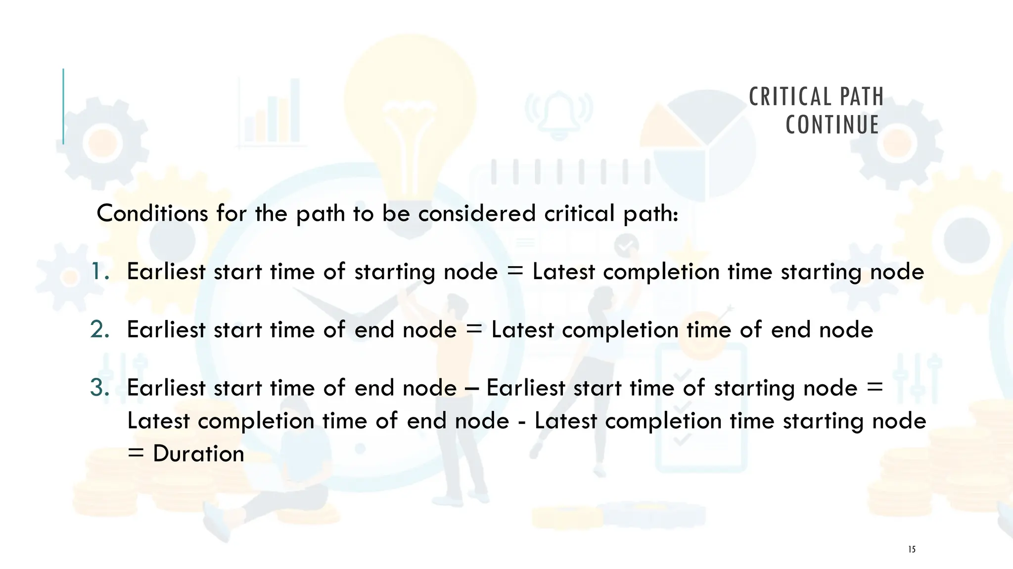 15
CRITICAL PATH
CONTINUE
Conditions for the path to be considered critical path:
1. Earliest start time of starting node = Latest completion time starting node
2. Earliest start time of end node = Latest completion time of end node
3. Earliest start time of end node – Earliest start time of starting node =
Latest completion time of end node - Latest completion time starting node
= Duration
 