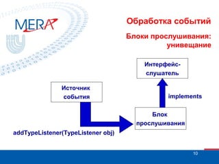 Обработка событий
Блоки прослушивания:
унивещание
Интерфейсслушатель
Источник
события

implements
Блок
прослушивания

addTypeListener(TypeListener obj)
10

 