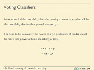 Machine Learning - Ensemble Learning
Voting Classifiers
Now let us find the probability that after tossing a coin n times what will be
the probability that heads appeared in majority ?
For head to be in majority the power of a (i.e probability of heads) should
be more than power of b (i.e probability of tails)
=> n - r > r
=> n > 2r
 