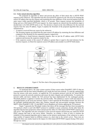 Int J Elec & Comp Eng ISSN: 2088-8708 
Developed security and privacy algorithms for cyber physical system (Dhuha Dheyaa Khudhur)
5385
2.2. Cyber-attack detection algorithm
We proposed an algorithm to detect and prevent the effect of DoS attack that is (HTTP POST
request) on the webserver. This algorithm tests the received HTTP requests by the web server by fetching the
source's IP address that sent the requests and examining the time difference of the received requests from the
same source within specified thresholds, which is 10 seconds. These requests increase the probability of
being such are a DoS attack (HTTP post request). So, these requests are entered into the prediction stage to
decided later to be DoS (HTTP post) or not. The decision is based on the time difference for the received
requests from the same IP address. Figure 4 explains the flowchart of the proposed algorithm that can be
summarized as:
− A request is received from any source by the webserver.
− The incoming requests are tested from the same source's IP address by examining the time difference and
compared to the threshold for the sequential requests, respectively.
− If a difference is found between sequential requests, then we put the IP address under (HTTP DoS)
suspicion and increase the suspicion counter by one.
− If the suspicion counter of the source's IP address is greater than or equal to the total tolerance for the
incorrect requests, we block the suspicion source's IP address and consider it an (HTTP DoS) attack.
Figure 4. The flow chart of the proposed algorithm
3. RESULTS AND DISCUSSION
As mentioned above, the cyber system consists of three sensor nodes (NodeMCU ESP-12) that are
communicated with the base station (Raspberry pi3) inside the local area network. To send the captured data
from the sensors with more security, we applied the TLS encryption protocol with the IoT based MQTT
protocol to secure the network connection and ensure the data's integrity and confidentiality. To monitor the
network traffic and know whether the TLS protocol has been implemented for the exchanged packets,
Wireshark platform is applied to monitor the network traffic. This platform is used to sniff and analyze the
exchanged packet on the local area network. Figures 5 and 6 represent the Wireshark window that shows all
the packages (publish/subscribe) topics that contains exposed and non-encrypted messages between the
MQTT client (NodeMCU ESP- 12) and MQTT server (Raspberry pi3) before applying the TLS protocol.
Figure 7 represents the Wireshark window that shows all the messages that have been encrypted by
TLS protocol, which is used with MQTT protocol to establish a secure connection. On the other hand, the
algorithm that has been proposed to detect and prevent the effect of a DoS attack (HTTP POST request) on a
web server. This algorithm tests the correctness of the received requests and prevents any malicious HTTP
POST requests that lead to web server failure. Therefore, we conduct a series of tests to examine the
reliability of the proposed algorithm and its impact on the inclusive performance of the webserver to send a
large number of requests based on different sources in a short time to the victim's server. These tests are
applied for three case studies based on the impact of a DoS attack (HTTP POST request) facing a Web server
through any source.
 