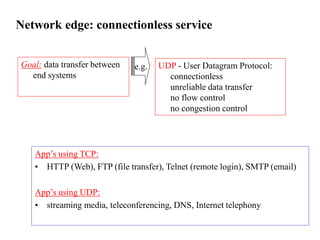 Network edge: connectionless service
Goal: data transfer between
end systems
App’s using TCP:
• HTTP (Web), FTP (file transfer), Telnet (remote login), SMTP (email)
App’s using UDP:
• streaming media, teleconferencing, DNS, Internet telephony
UDP - User Datagram Protocol:
connectionless
unreliable data transfer
no flow control
no congestion control
e.g.
 