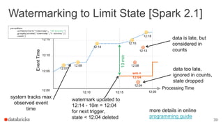 Watermarking to Limit State [Spark 2.1]
39
data too late,
ignored in counts,
state dropped
Processing Time12:00
12:05
12:10
12:15
12:10 12:15 12:20
12:07
12:13
12:08
EventTime
12:15
12:18
12:04
watermark updated to
12:14 - 10m = 12:04
for next trigger,
state < 12:04 deleted
data is late, but
considered in
counts
parsedData
.withWatermark("timestamp", "10 minutes")
.groupBy(window("timestamp","5 minutes"))
.count()
system tracks max
observed event
time
12:08
wm =
12:04
10min
12:14
more details in online
programming guide
 