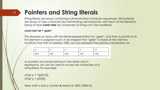 17 Pointers and String literals
String literals are arrays containing null-terminated character sequences. String literals
are arrays of type character plus terminating null-character, with each of the elements
being of type const char (as characters of string can’t be modified).
const char* ptr = "geek";
This declares an array with the literal representation for “geek”, and then a pointer to its
first element is assigned to ptr. If we imagine that “geek” is stored at the memory
locations that start at address 1800, we can represent the previous declaration as:
As pointers and arrays behave in the same way in
expressions, ptr can be used to access the characters of a
string literal. For example:
char x = *(ptr+3);
char y = ptr[3];
Here, both x and y contain k stored at 1803 (1800+3).
 