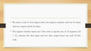 • We need a total of four inputs (three for register numbers and one for data)
and two outputs (both for data).
• The register number inputs are 5 bits wide to specify one of 32 registers (32
= 25
), whereas the data input and two data output buses are each 32 bits
wide.
 