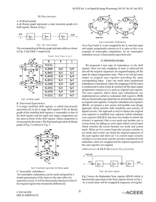ACEEE Int. J. on Signal & Image Processing, Vol. 03, No. 01, Jan 2012


                        III. PRELEMINARIES
A. de Bruijn graph:
A de Bruijn graph represents a state transition graph of a
shift register. Shown in Fig.1




                                                                                                 Fig.4 Isomorphic Redundancy
                      Fig1. abc1 Scan register                                  As in Fig.4 state S1 is just swapped by the S0 state but input
The corresponding de Bruijn graph and state table are shown                     and output assignments remains as it is same so this is an
in Fig. 2 and Table 1 respectively                                              example of isomorphic redundancy. So an isomorphic
                                                                                redundant circuit is functionally equivalent also.
                                   TABLEI . STATE TABLE   OF FIG.1


                                                                                                   IV. PROPOSED WORK
                                                                                    We proposed a new type of redundancy in the shift
                                                                                register. Here not only swapping of sates is achieved but
                                                                                also all the original sequences are negated keeping all the
                                                                                input & output assignments same. That is we will get same
                                                                                output as original scan registers providing the same
                                                                                corresponding Input. Later one much more randomized
                                                                                redundancy is introduced, where the swapping of all the states
                                                                                is randomized to some extent & similarly all the input output
                                                                                assignments remains as it is same as original scan register.
                                                                                The scan registers where these type redundancies are
                                                                                implemented are called as redundant shift registers (RSR)
     Fig2. de Bruijn graph                                                      that are functionally equivalent but not structurally equivalent
                                                                                to original scan registers. Using the redundant scan registers
B. Functional Equivalence:
                                                                                (RScR), we present a new secure and testable scan design
A k-stage modified shift register is called functionally
                                                                                approach which satisfies both testability and security of
equivalent [6] to the k-stage shift register if the de Bruijn
                                                                                digital circuits. The approach is only to replace the original
graph of the modified shift register is isomorphic to that of
                                                                                scan registers to modified scan registers called redundant
the shift register and the input and output assignments are
                                                                                scan registers (RScR).It also have two modes in which the
the same as those of the shift register. (State assignment is
                                                                                circuitry is operated. One is test mode and another one is
not necessarily the same.) The functional equivalent de Bruijn
                                                                                system mode, by adding an extra input called control input
graph of Fig. 2 is shown in Fig. 3
                                                                                which switches the circuit between test mode and system
                                                                                mode .When set 0 to control input the circuitry switches to
                                                                                test mode and a tester can check the original sequences of
                                                                                the scan register and when set 1 to control input circuitry
                                                                                switches to system mode and the circuitry transferred to be
                                                                                redundant, states are swapped and the original sequences of
                                                                                the scan registers are negated.
                                                                                A.R EDUNDANCY & RSCR (REDUNDANT SCAN REGISTER)




                Fig3. Functional equivalent de Bruijn graph
C. Isomorphic redundancy:                                                                         Fig5. abc2 Scan register
 An isomorphic redundancy can be easily designed by a
simple permutation of the states in the state table of a                        Fig.5 shows the Redundant Scan register (RScR) which is
sequential circuit. It will be functionally identical to that of                functionally equivalent to the Scan register shown in Fig.1.
the original register but structurally different [4].                            As a result states will be swapped & sequences of original


© 2012 ACEEE                                                               22
DOI: 01.IJSIP.03.01.81
 
