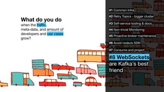 What do you do
when the traﬃc,
meta-data, and amount of
developers and use cases
grow?
#8 WebSockets
are Kafka’s best
friend
#7 Consume and project
#5 Proactive broker maintenance
#4 Non-trivial Monitoring
#3 Self-service tooling & docs
#2 Retry Topics - bigger cluster
#1 Common Infra
#6 Avoid nodeJs SDK
 
