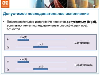 Допустимое последовательное исполнение
• Последовательное исполнение является допустимым (legal),
если выполнены последовательные спецификации всех
объектов
P
Q
x.w(1)
x.r:1
Допустимое
P
Q
x.w(1)
x.r:0
Недопустимое
 