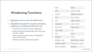 MAX RANK
MIN DENSE_RANK
COUNT PERCENT_RANK
SUM NTH_VALUE
AVG FIRST_VALUE
VARIANCE LAST_VALUE
VAR_POP CUME_DIST
VAR_SAMP LAG
STD LEAD
STDDEV NTILE
STDDEV_POP PERCENTILE_CONT
STDDEV_SAMP PERCENTILE_DISC
ROW_NUMBER MEDIAN
• Aggregate over a series of related rows
• Simplified function for complex statistical
analytics over sliding window per row
- Cumulative, moving or centered aggregates
- Simple Statistical functions like rank, max, min,
average, median
- More complex functions such as distribution,
percentile, lag, lead
- Without running complex sub-queries
Windowing Functions
Source : InfiniDB SQL Syntax Guide
 