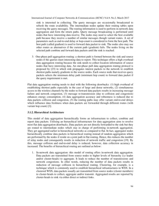 International Journal of Computer Networks & Communications (IJCNC) Vol.9, No.2, March 2017
94
sink is interested in collecting. The query messages are occasionally broadcasted to
refresh the route availability. The intermediate nodes update their routing tables upon
receiving the query messages. The routing information is used to perform in-network data
aggregation and form the return paths. Query message broadcasting is performed until
nodes that have interesting data receive. The nodes may need to select the best available
path because they receive a number of similar messages though variant routes. A set of
parameters such as end-to-end delay or hop-count is considered to form the best path. The
best path (called gradient) is used to forward data packet to sink. The nodes also may use
other routes as alternatives if the current path (gradient) fails. The nodes living on the
selected path combine and forward data packets until the sink is reached.
3. One-phase pull aggregation routing: a shortest path is formed between the sink and source
nodes if the queries meet interesting data to report. This technique offers a high overhead
data aggregation routing because the sink needs to collect location information of source
nodes that have interesting data. An one-phase pull data aggregation routing protocol is
proposed by [23] in which sink propagates interest packets to the network to establish
shortest paths namely gradients to the source nodes. Each source node that receives query
packets selects the minimum delay path (minimum hop count) to forward data packet if
the query requirement is met.
Flat data aggregation routing needs to deal with the following drawbacks: (1) high overhead of
establishing shortest paths especially in the case of large and dense networks, (2) simultaneous
access to the wireless channels by the nodes to forward data packets results in increasing message
failure and network congestion, (3) message re-transmission (due to collision and congestion)
enhances energy consumption, (4) data aggregation accuracy and robustness is reduced due to
data packets collision and congestion, (5) the routing paths may offer variant end-to-end delays
which influence data freshness when data packets are forwarded through different routes (with
variant hop count) [3].
3.1.2. Hierarchical Architecture
This model of data aggregation hierarchically forms an infrastructure to collect, combine and
report data packets. Utilising an hierarchical infrastructure for data aggregation aims to resolve
most flat data aggregation drawbacks. Data packets are not directly forwarded to the sink but they
are routed to intermediate nodes which stay in charge of performing in-network aggregation.
They get aggregated earlier in hierarchical networks as compared to flat. In fact, aggregator nodes
hierarchically combine data packets in hierarchical routing instead of random aggregation which
are performed by the nodes if reside on a joint path in flat routing. Hence, this reduces the number
of relay nodes and consequently results in reduction of network traffic and congestion [19]. By
this, message collision and end-to-end delay is reduced, however, data collection accuracy in
increased. The benefits of hierarchical routing are outlined as below:
1. In-network data aggregation: this model of routing offers in-network data aggregation.
Data packets are transmitted from source nodes to higher levels of hierarchy (i.e leader
and/or cluster-heads) to aggregate. It leads to reduce the number of transmissions and
network congestions. In other words, reducing the number of data packets results in
reduction of message collision in hierarchical routing. Clustering, for example, is a
technique which is commonly used to establish hierarchical infrastructures in WSN. In a
clustered WSN, data packets usually are transmitted from source nodes (cluster members)
to cluster-heads to collect, aggregate and/or transmit. Aggregated results are reported by
cluster-heads to sink via either direct or indirect links.
 