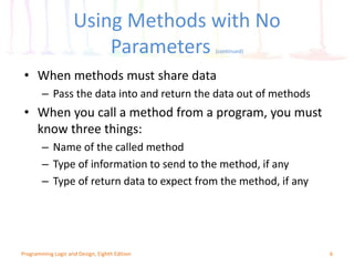 Using Methods with No
Parameters (continued)
6Programming Logic and Design, Eighth Edition
• When methods must share data
– Pass the data into and return the data out of methods
• When you call a method from a program, you must
know three things:
– Name of the called method
– Type of information to send to the method, if any
– Type of return data to expect from the method, if any
 